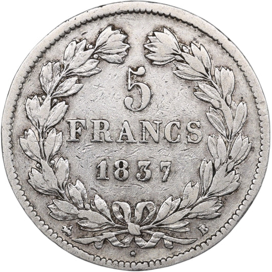 Louis-Philippe Ier (1830-1848) 5 Francs Argent 1837 B Rouen Domard 2ème type 24.67 gr