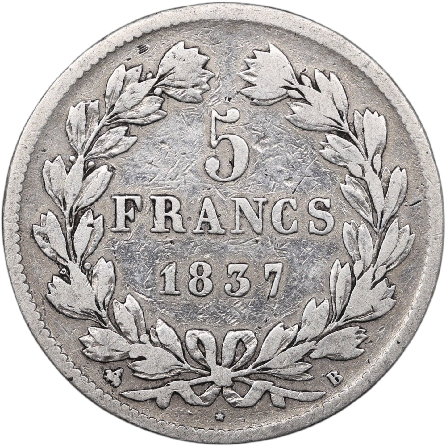 Louis-Philippe (1830-1848) 5 Francs Argent 1837 B Rouen Domard 2ème type 24.51 gr