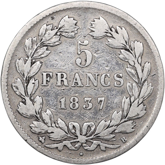 Louis-Philippe Ier (1830-1848) 5 Francs Argent 1837 B Rouen Domard 2ème type 24.51 gr
