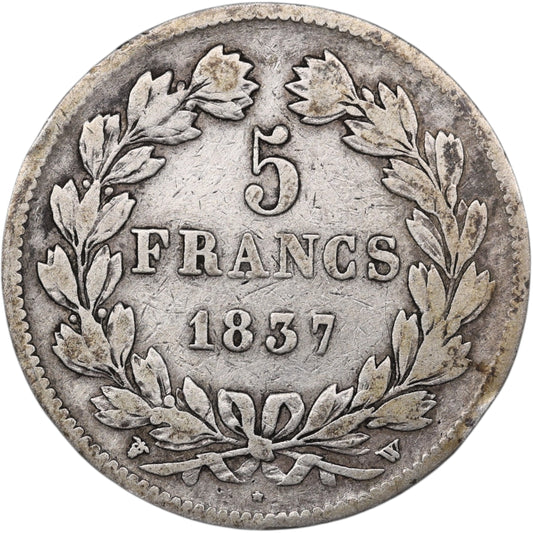Louis-Philippe Ier (1830-1848) 5 Francs Argent 1837 W Lille Domard 2ème type 24.63 gr