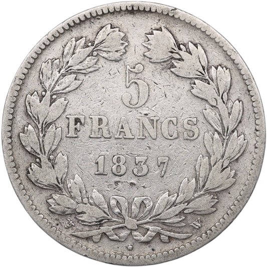 Louis-Philippe Ier (1830-1848) 5 Francs Argent 1837 W Lille Domard 2ème type 24.63 gr