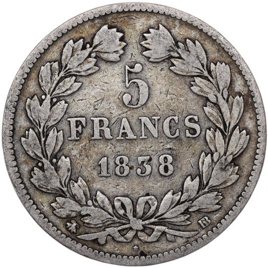 Louis-Philippe Ier (1830-1848) 5 Francs Argent 1838 BB Strasbourg Domard 2ème type 24.39 gr