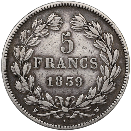 Louis-Philippe Ier (1830-1848) 5 Francs Argent 1839 W Lille Domard 2ème type 24.82 gr