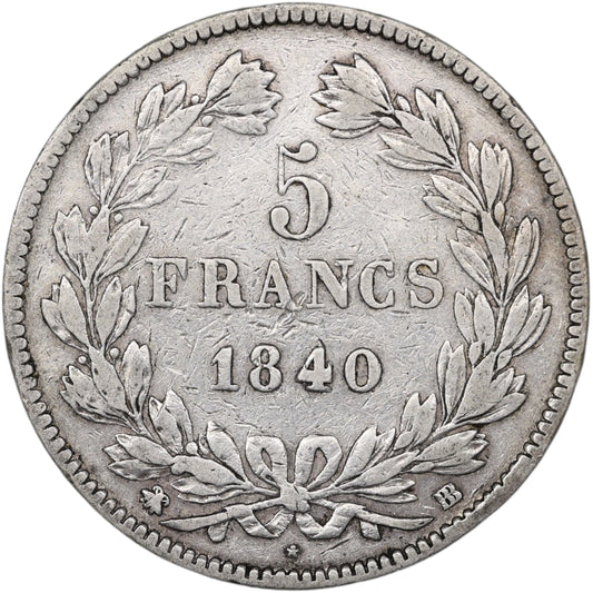 Louis-Philippe Ier (1830-1848) 5 Francs Argent 1840 BB Strasbourg Domard 2ème type 24.74 gr