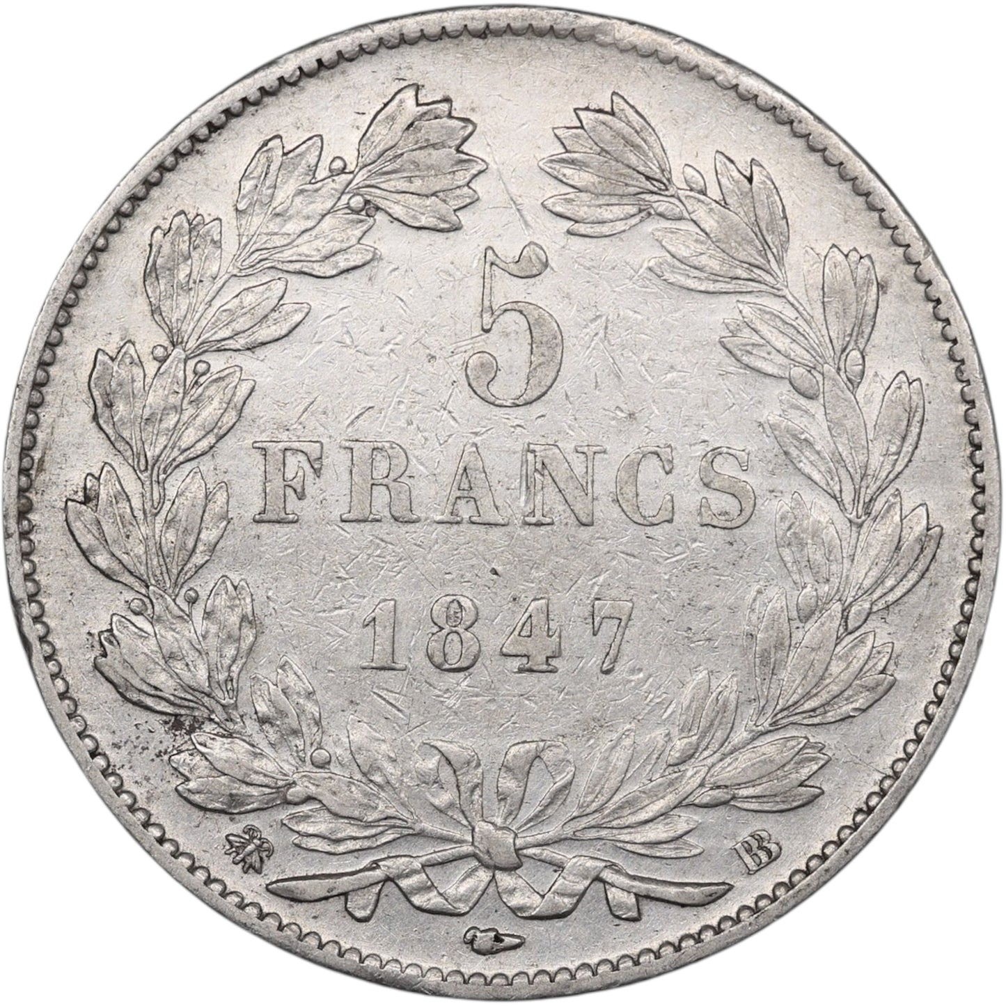 Louis-Philippe (1830-1848) 5 Francs Argent 1847 BB Strasbourg Domard 3ème type 24.89 gr