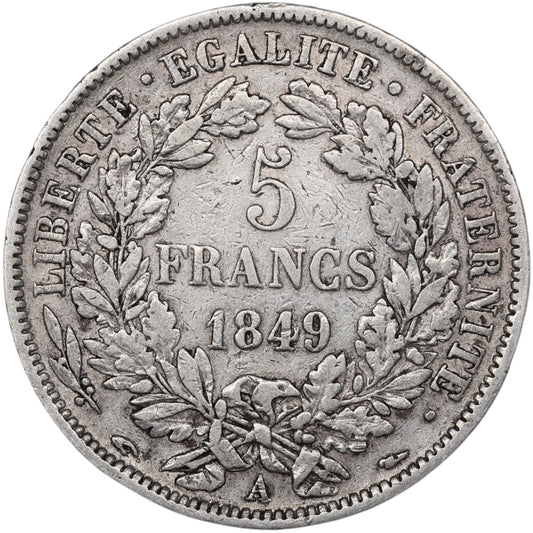Seconde République (1848-1852) 5 Francs Argent 1849 A Paris Cérès 24.67 gr