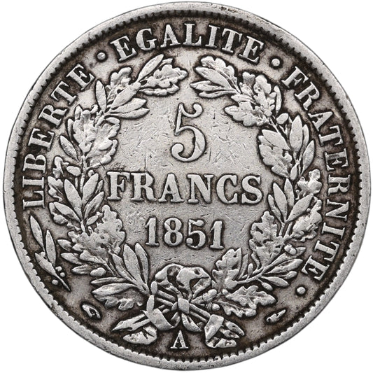 Seconde République (1848-1852) 5 Francs Argent 1851 A Paris Cérès 24.69 gr