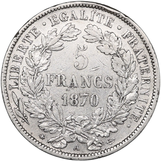 Troisième République (1871-1840) 5 Francs Argent 1870 A Paris Cérès avec légende 24.82 gr