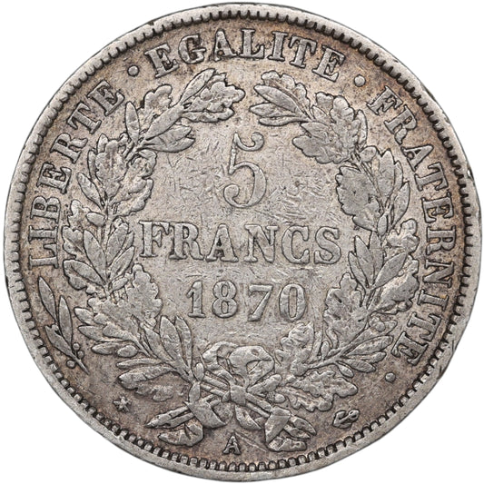 Troisième République (1871-1840) 5 Francs Argent 1870 A Paris Cérès avec légende 24.69 gr