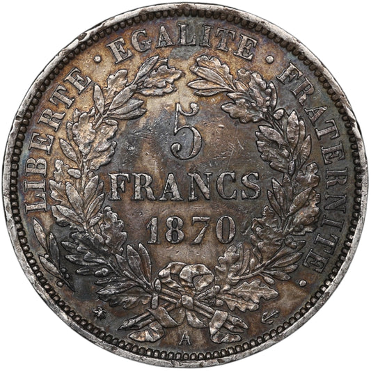 Troisième République (1871-1840) 5 Francs Argent 1870 A Paris Cérès avec légende 24.96 gr