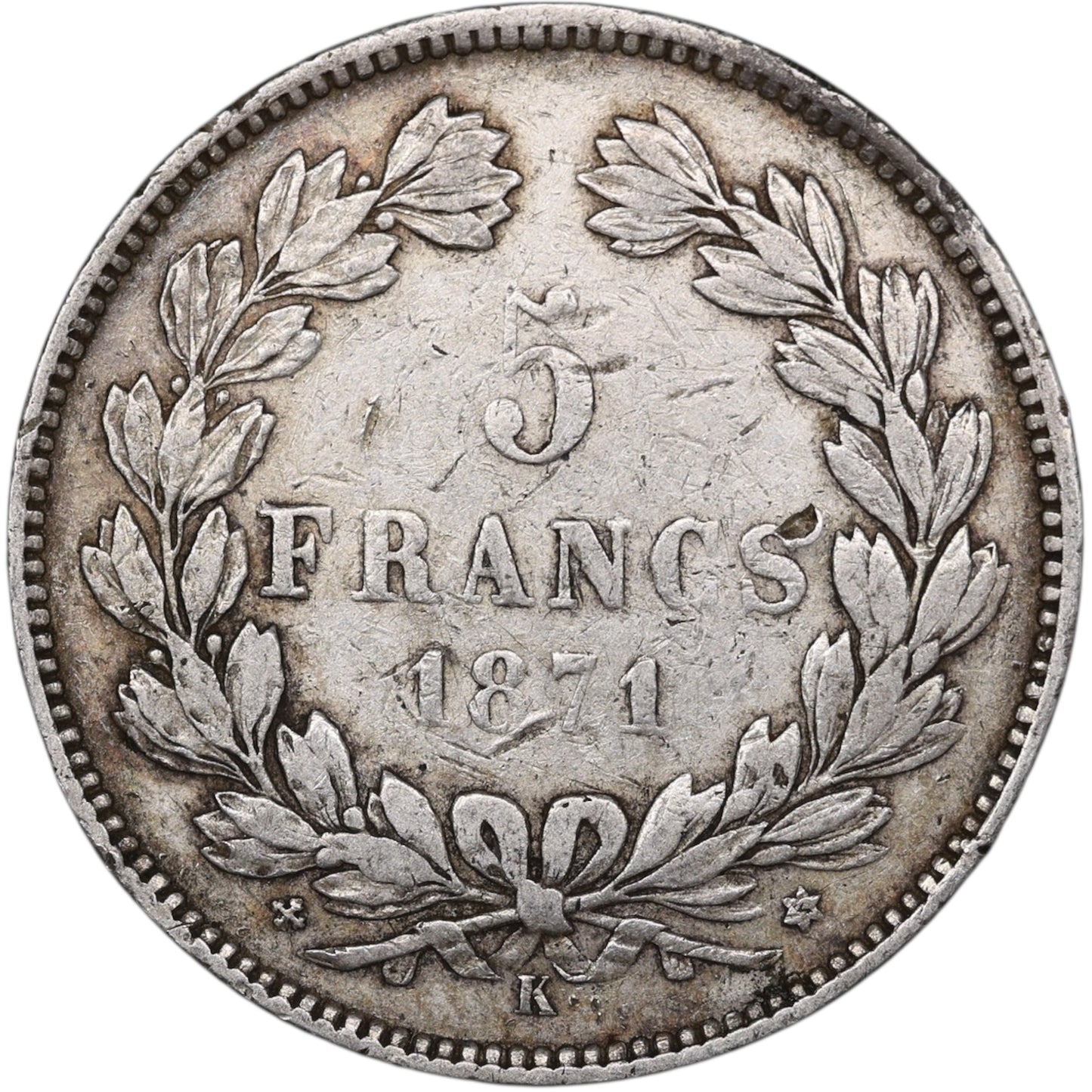 Troisième République (1871-1840) 5 Francs Argent 1871 K Bordeaux Cérès sans légende 24.77 gr