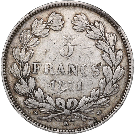 Troisième République (1871-1840) 5 Francs Argent 1871 K Bordeaux Cérès sans légende 24.77 gr