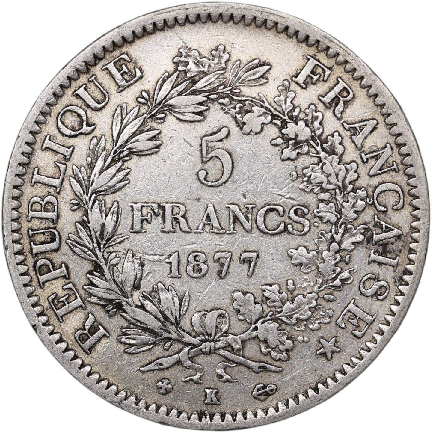 Troisième République (1871-1840) 5 Francs Argent 1877 K Bordeaux Hercule 24.96 gr