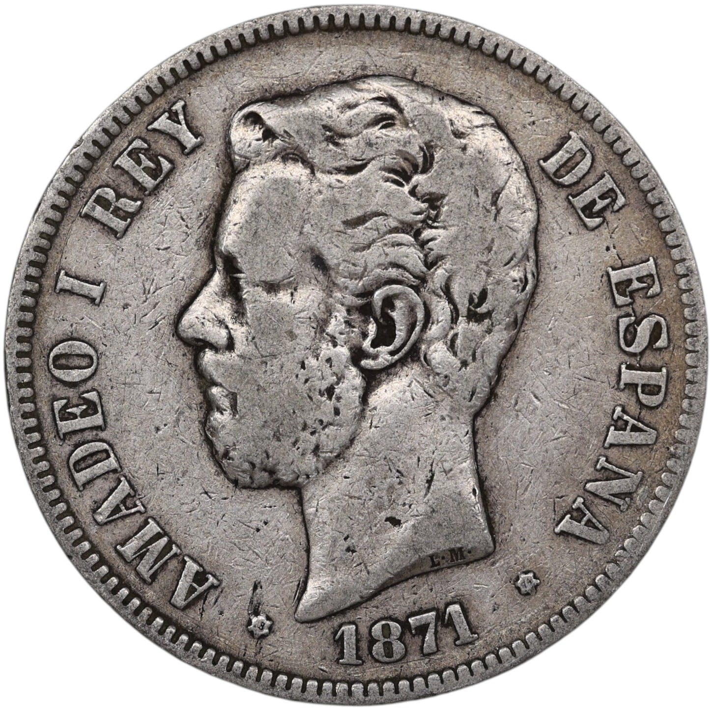Espagne Amédée Ier (1871-1873) 5 Pesetas Argent 1871 24.58 gr
