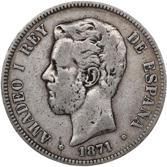 Espagne Amédée Ier (1871-1873) 5 Pesetas Argent 1871 24.58 gr