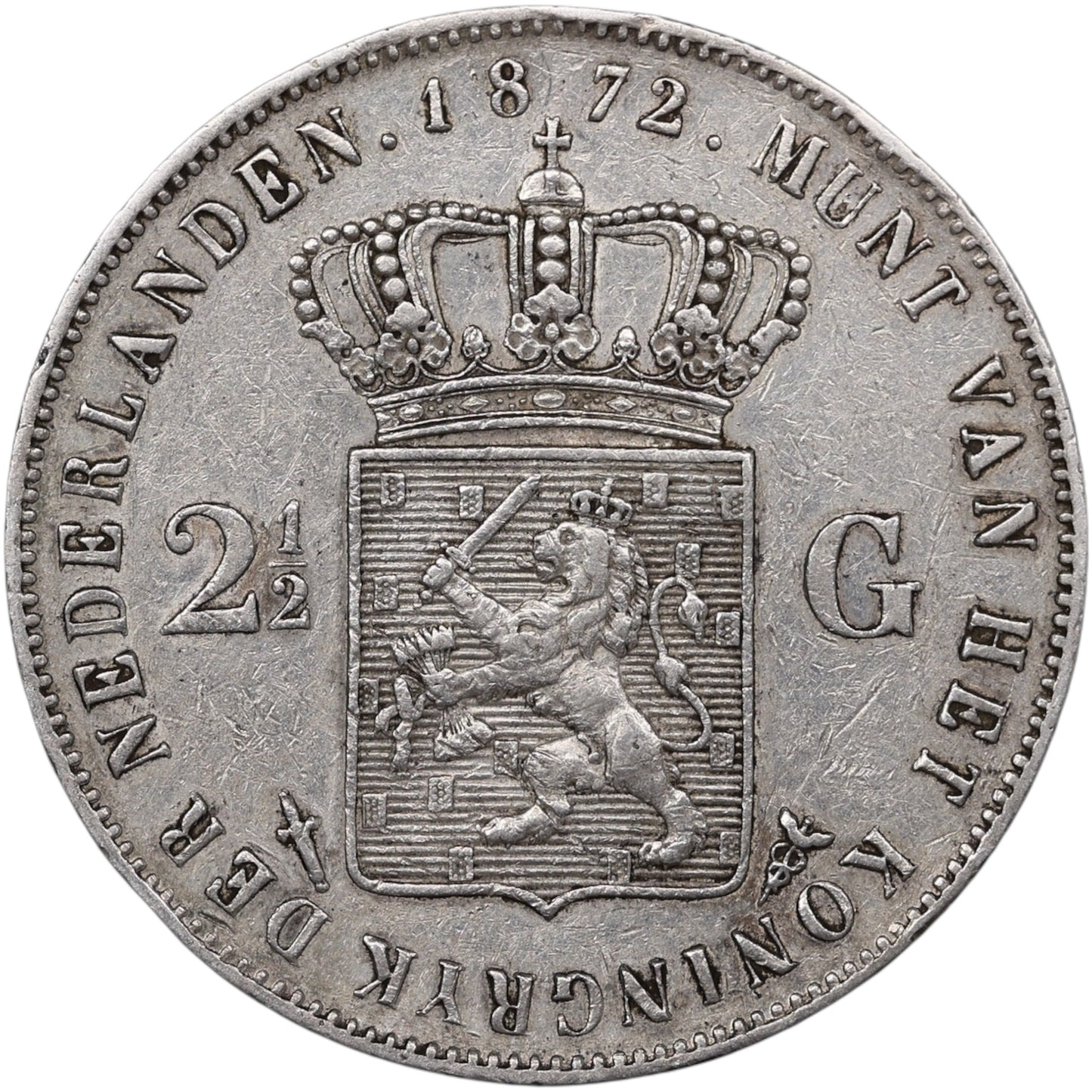 Pays Bas Guillaume III (1849-1890) 2 1/2 Gulden Argent 1872 24.93 gr