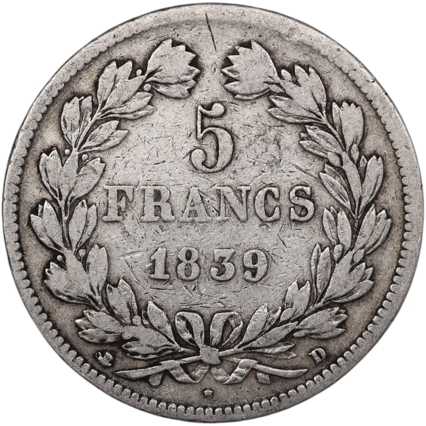 Louis-Philippe Ier (1830-1848) 5 Francs Argent 1839 D Lyon Domard 2ème type 24.78 gr
