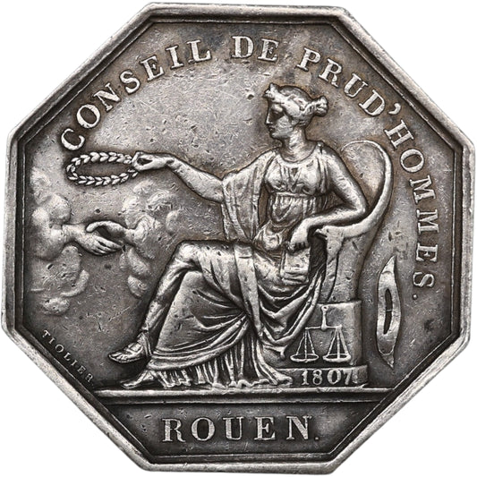 Ficha Conseil de prud'hommes Rouen 1807 Luis XVIII 1814 Plata 33 mm 14,84 gr