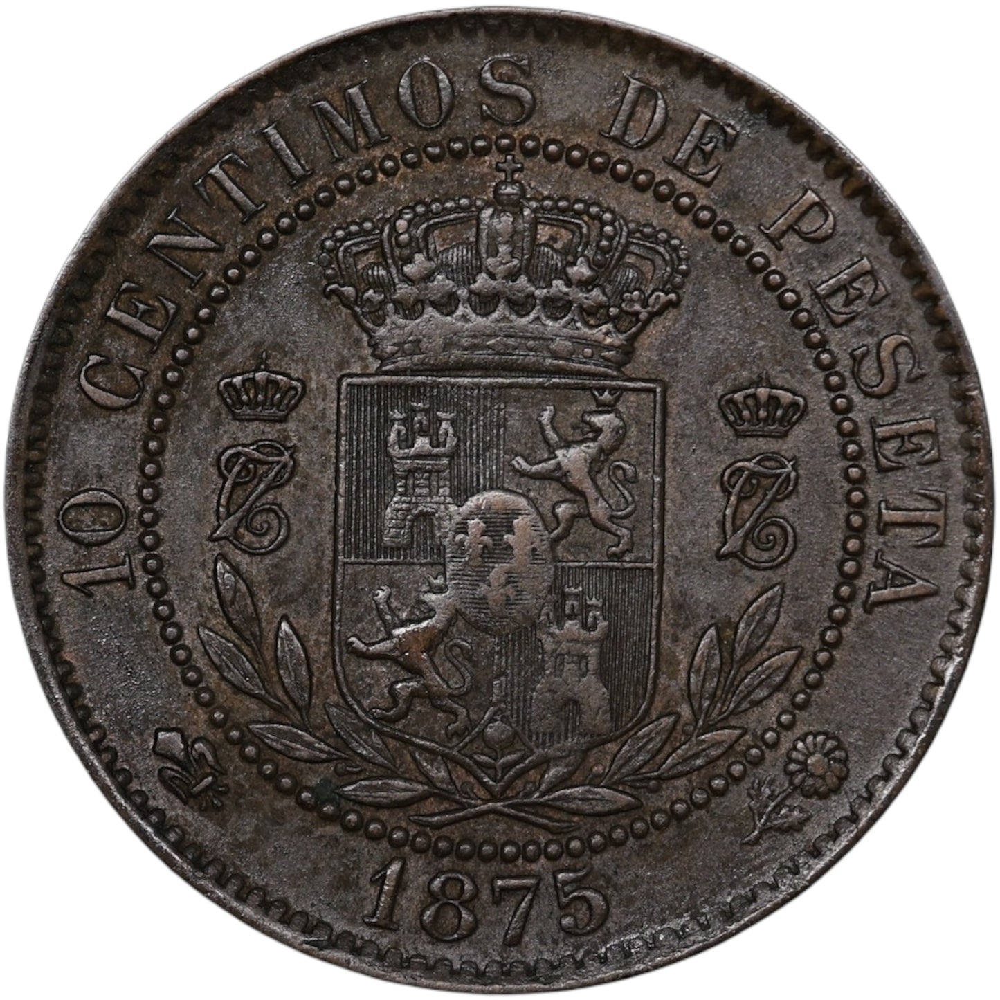 Espagne 10 Centimos 1875 Carlos VII 9.89 gr