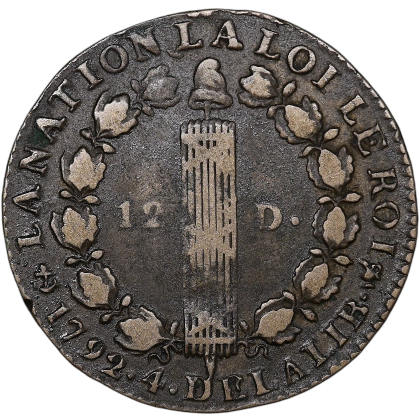 Constitution Louis XVI (1774-1792) 12 Deniers 1792 H La Rochelle 12.64 gr G.15