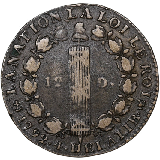 Constitution Louis XVI (1774-1792) 12 Deniers 1792 H La Rochelle 12.64 gr G.15