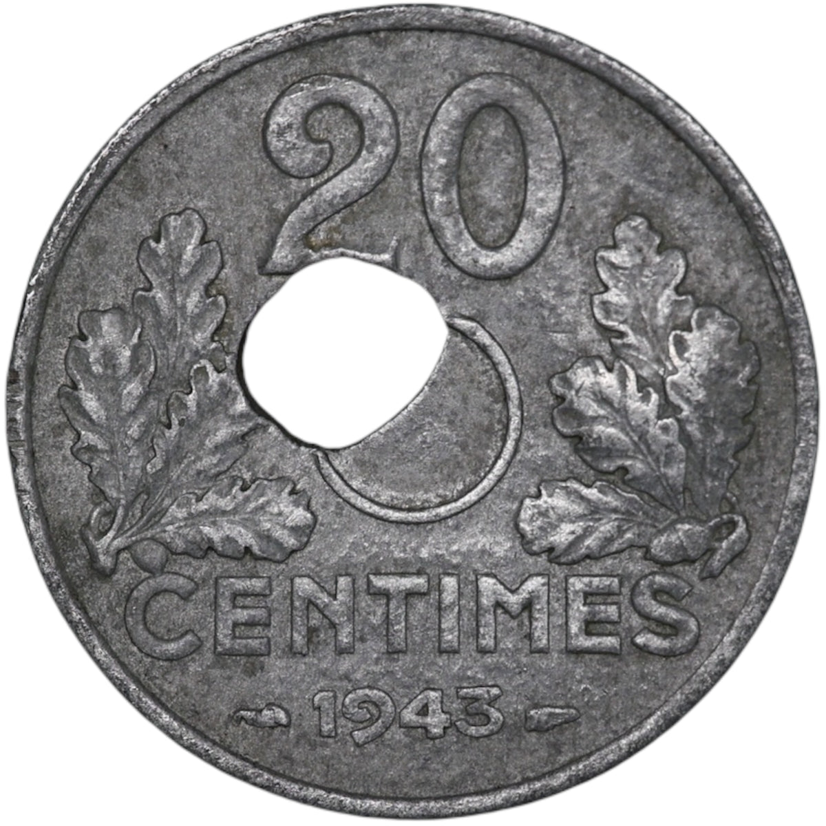 Falla 20 Céntimos TIPO 20 1943 zinc 3,11 gr Agujero descentrado