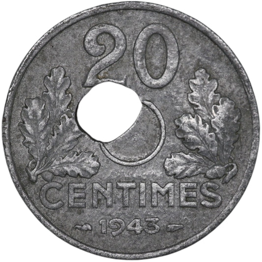 Falla 20 Céntimos TIPO 20 1943 zinc 3,11 gr Agujero descentrado