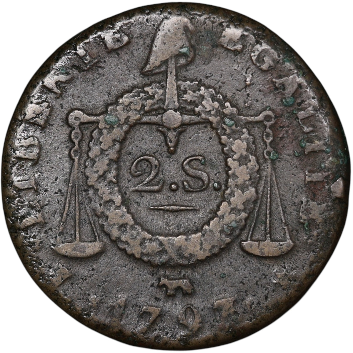 Constitution (1791-1793) 2 Sols à la balance 1793 Vaquette Pau 25.10 gr