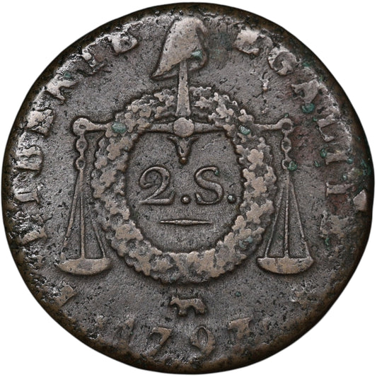 Constitution (1791-1793) 2 Sols à la balance 1793 Vaquette Pau 25.10 gr