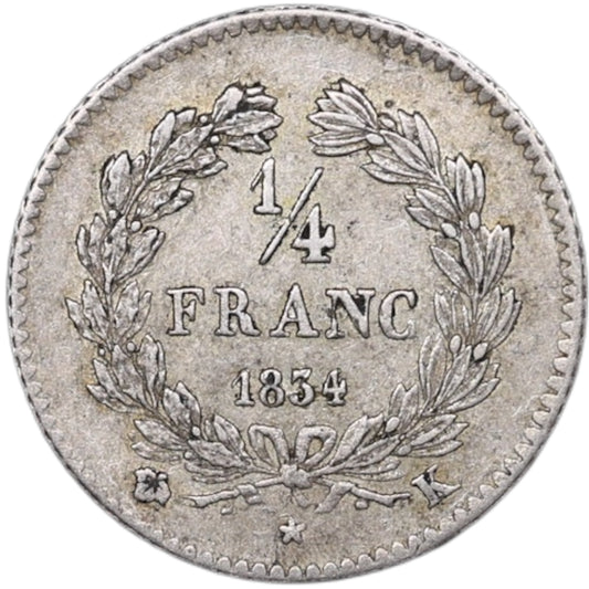 Luis Felipe (1830-1848) 1/4 franco 1834 K Burdeos 1,23 gr Plata G.355