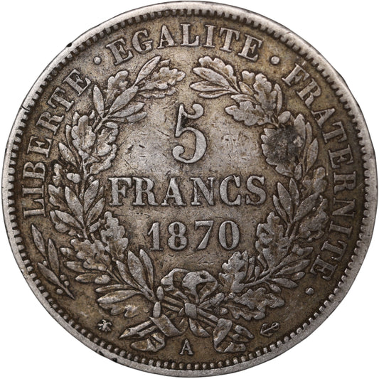 Troisième République (1871-1840) 5 Francs Argent 1870 A Paris Cérès avec légende 24.78 gr