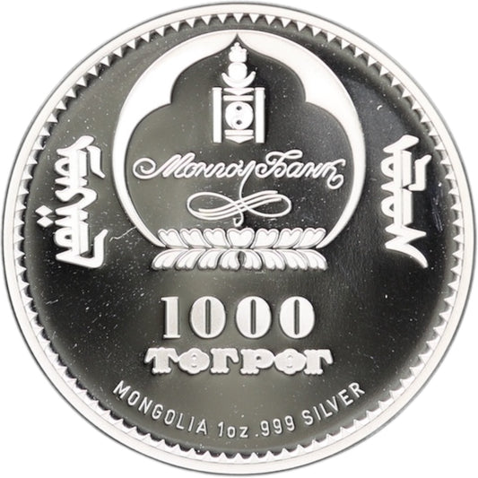 Mongolie 1000 Togrog 2016 Argent Chinggis Khaan 1 oz .999 silver Proof Colorisée