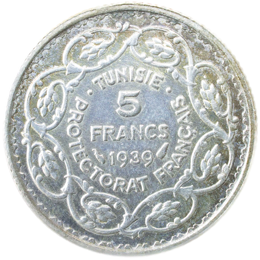 🇹🇳 Tunisie Ahmad II Pasha (1929-1942) protectorat français 5 francs 1939 ١٣٥٨ 4.96 gr Sup