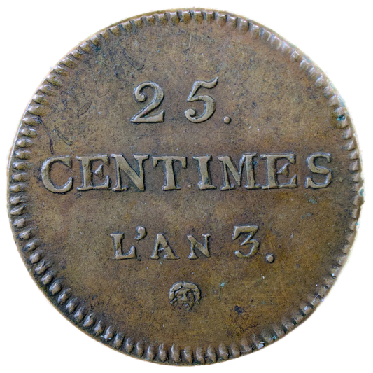 Convention (1792-1795) ESSAI 25 Centimes Dupré An 3 Paris - revers sans la barre - 5.64 gr