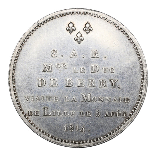 Monnaie de visite Louis XVIII (1814-1824) Duc de Berry Module de 5 Francs 1814 Lille Argent 25.37 gr
