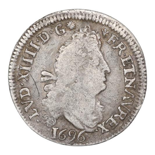 Louis XIV (1643-1715) Quatre sols aux 2L 1696 Y Bourges 1.42 gr Extrêmement Rare Non référencé au Gadoury