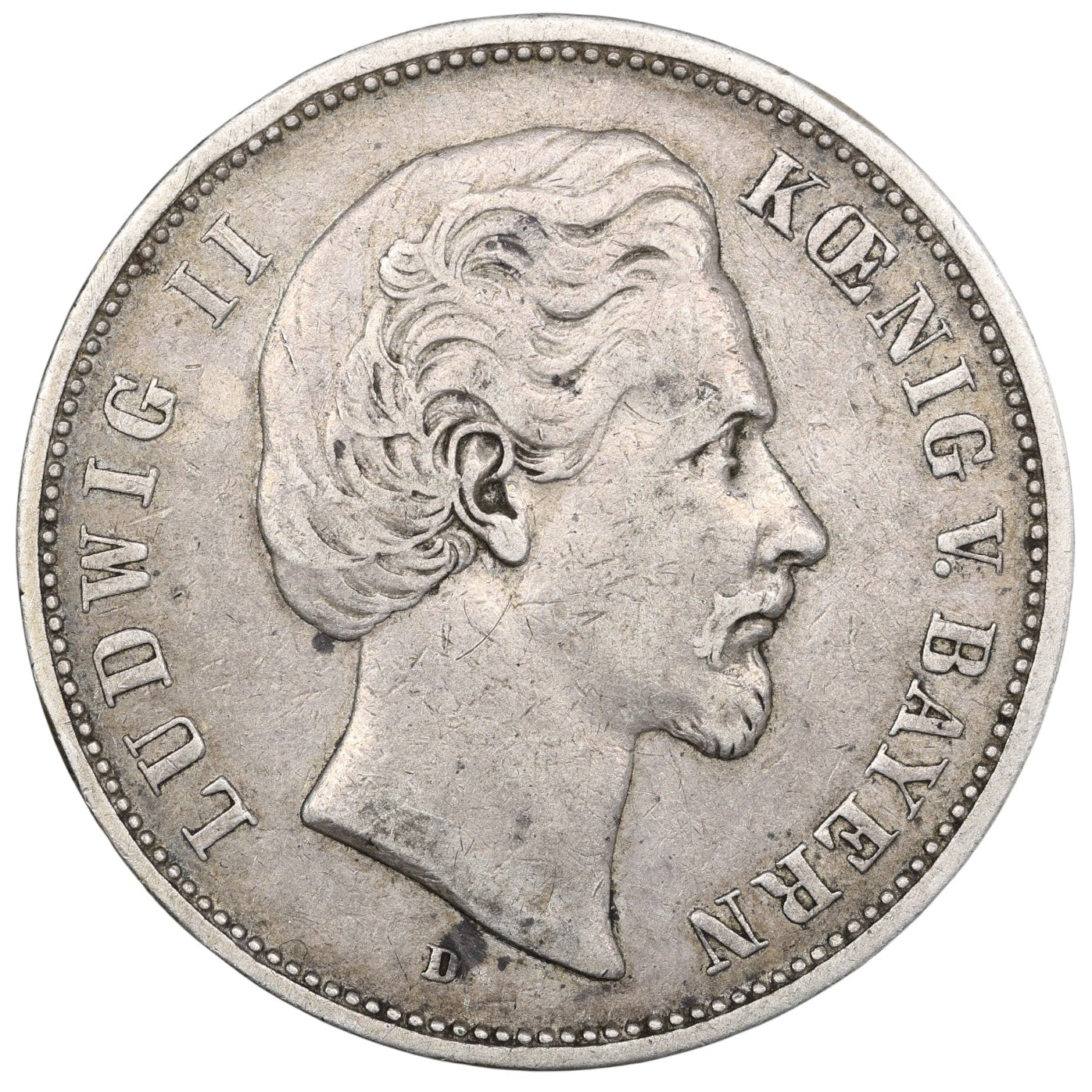 Allemagne Bavière Louis II (1864-1886) 5 Mark 1876 D Munich Argent 27.46 gr