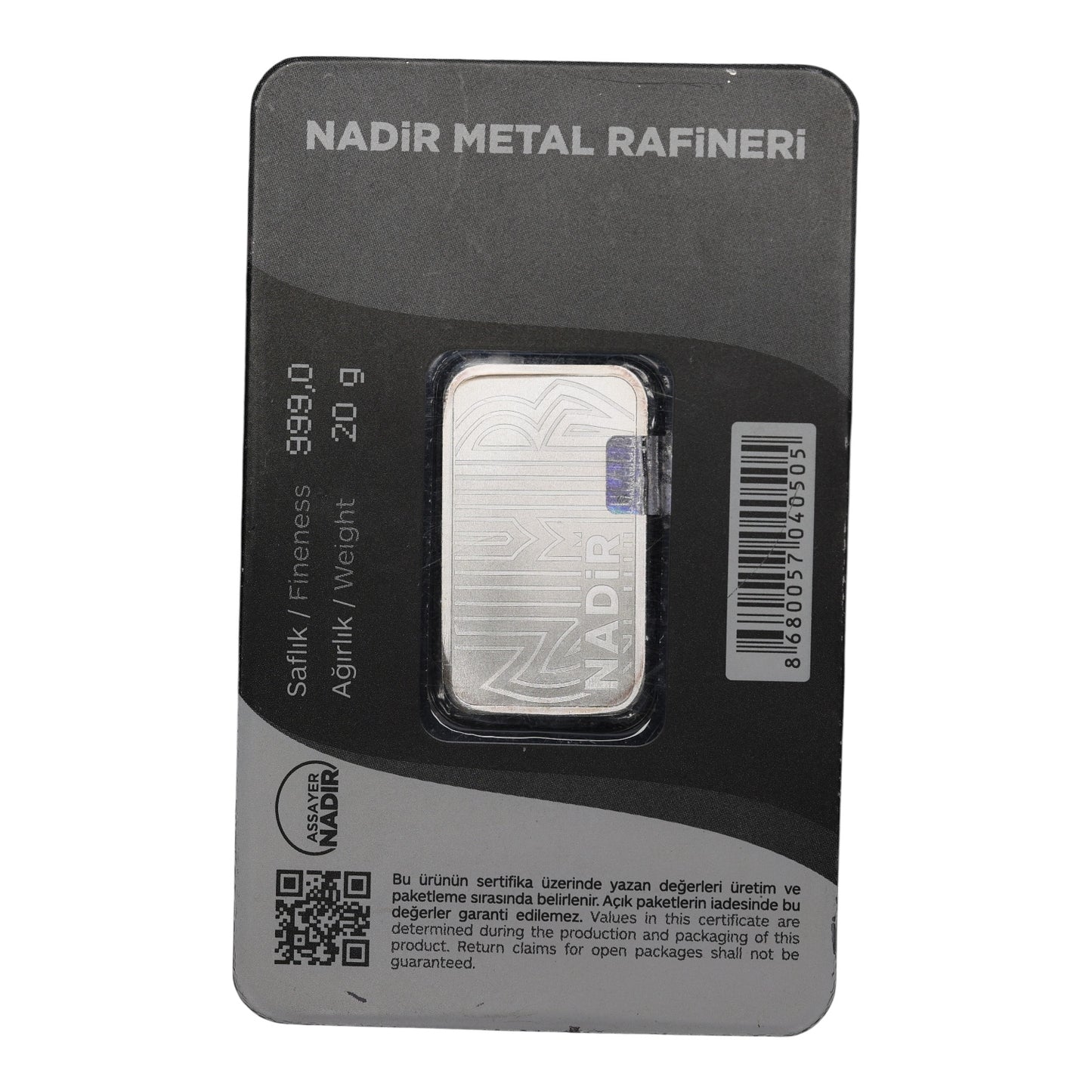 Lingotin de 20 grammes en argent sous blister Nadir Metal Rafineri