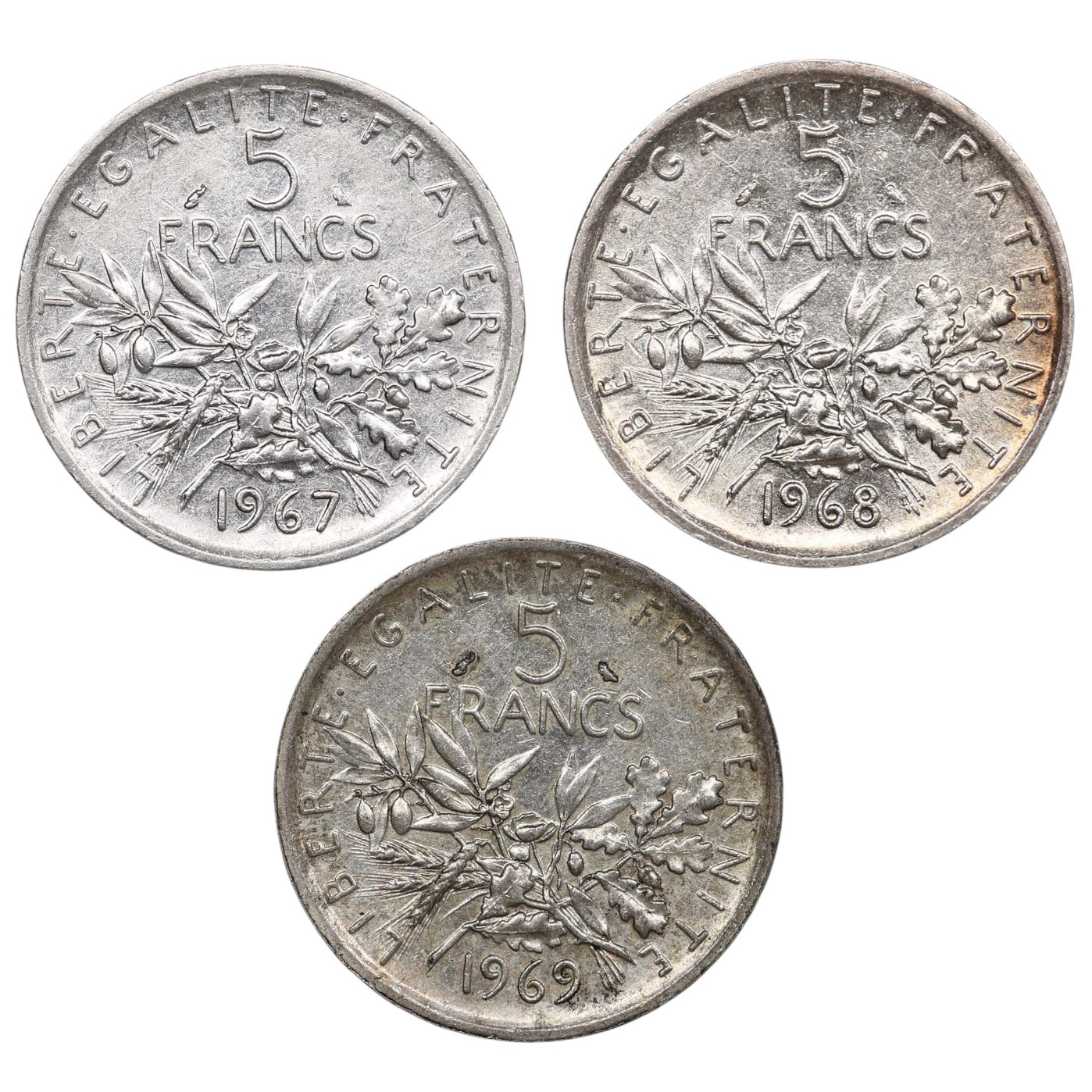 Semeuse Lot de 5 Francs 1967 1968 1969 Argent