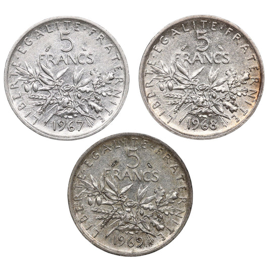 Semeuse Lot de 5 Francs 1967 1968 1969 Argent