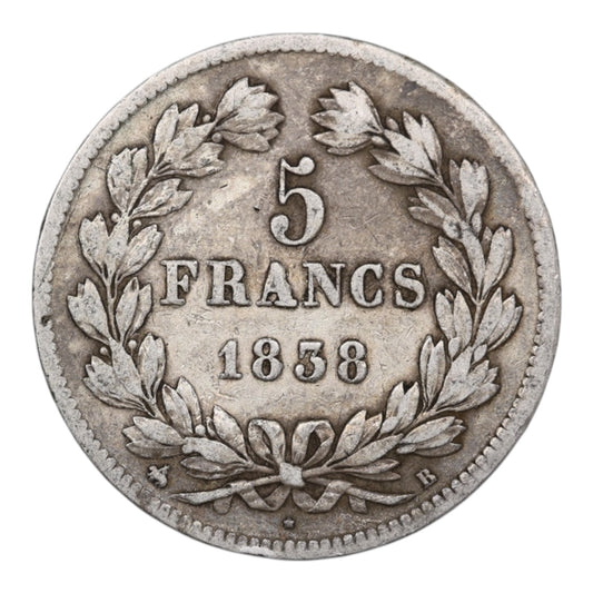 Louis-Philippe Ier (1830-1848) 5 Francs Argent 1838 B Rouen Domard 2ème type 24.85 gr