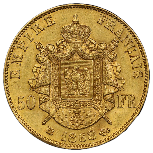 Napoléon III (1852-1870) 50 Francs Or 1868 BB Strasbourg 16,12 gr PCGS AU58 SUP RARE 1795 exemplaires !