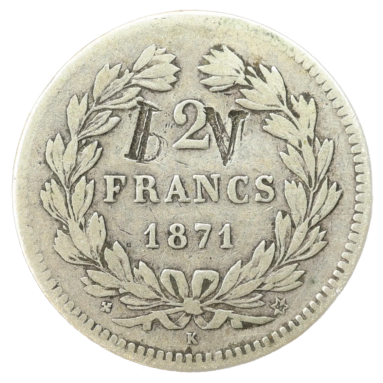 2 Francs Cérès sans légende 1871 K Bordeaux Argent 9,77 gr gravure bV