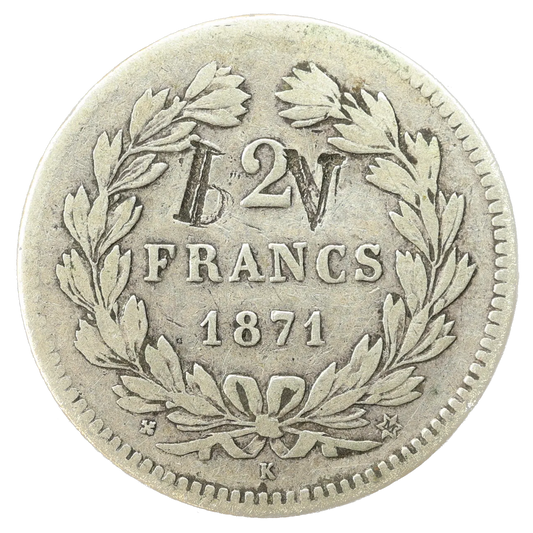 2 Francs Cérès sans légende 1871 K Bordeaux Argent 9,77 gr gravure bV