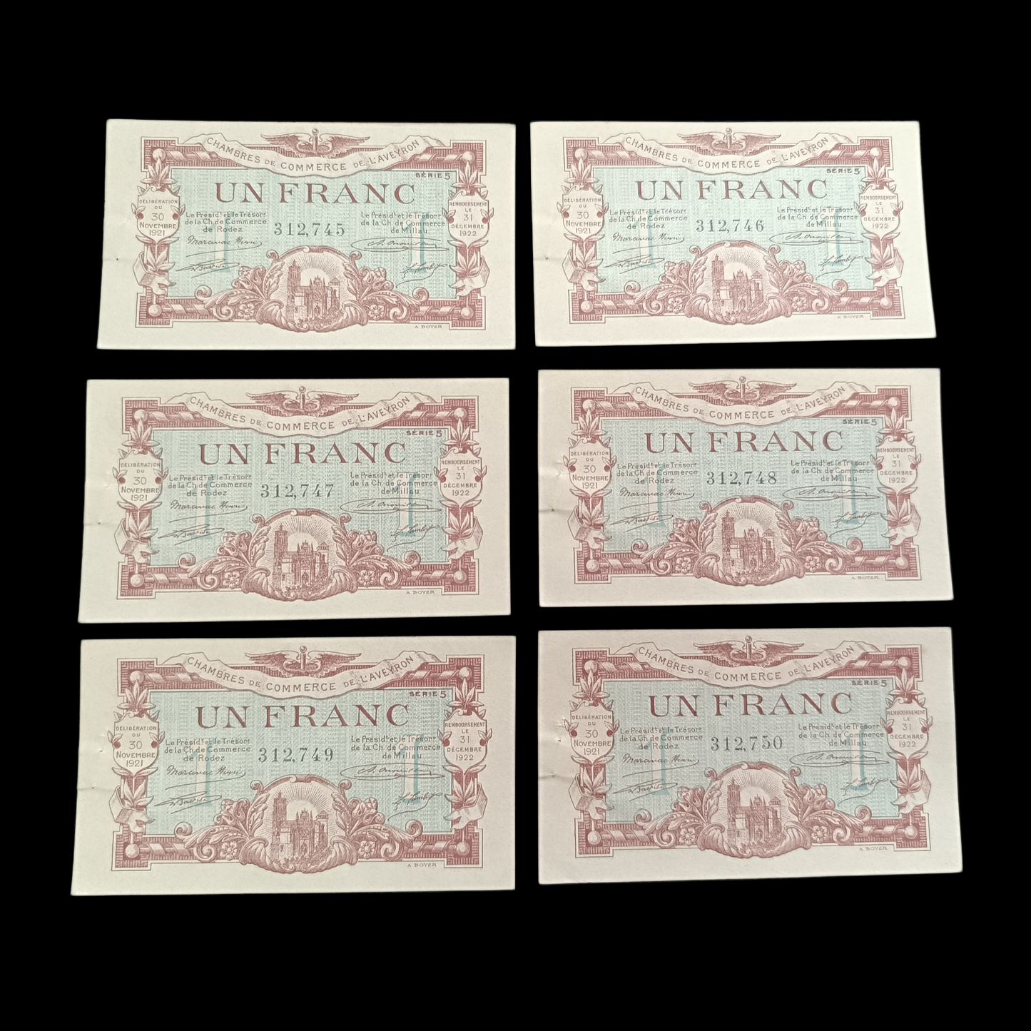 Chambre de commerce de l'Aveyron. Lot de 6 billets de 1 Franc. Numéros consécutifs