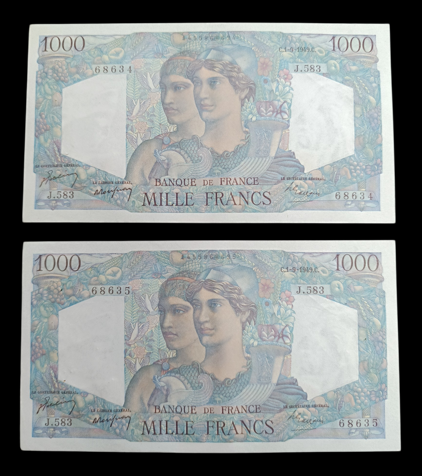 Lot de 2 billets numéros consécutifs Minerve et Hercule 1-9-1949 J.583. État SUP quelques trous d'épinglages.