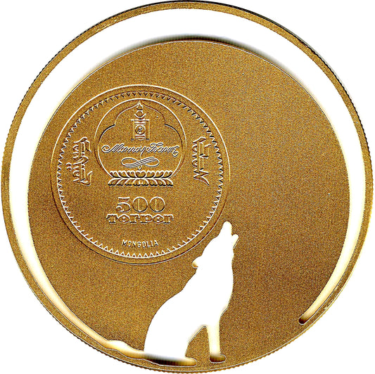 Mongolie 500 Togrog 2013 Wolf Mongolian Nature Argent plaqué Or 1/2 oz