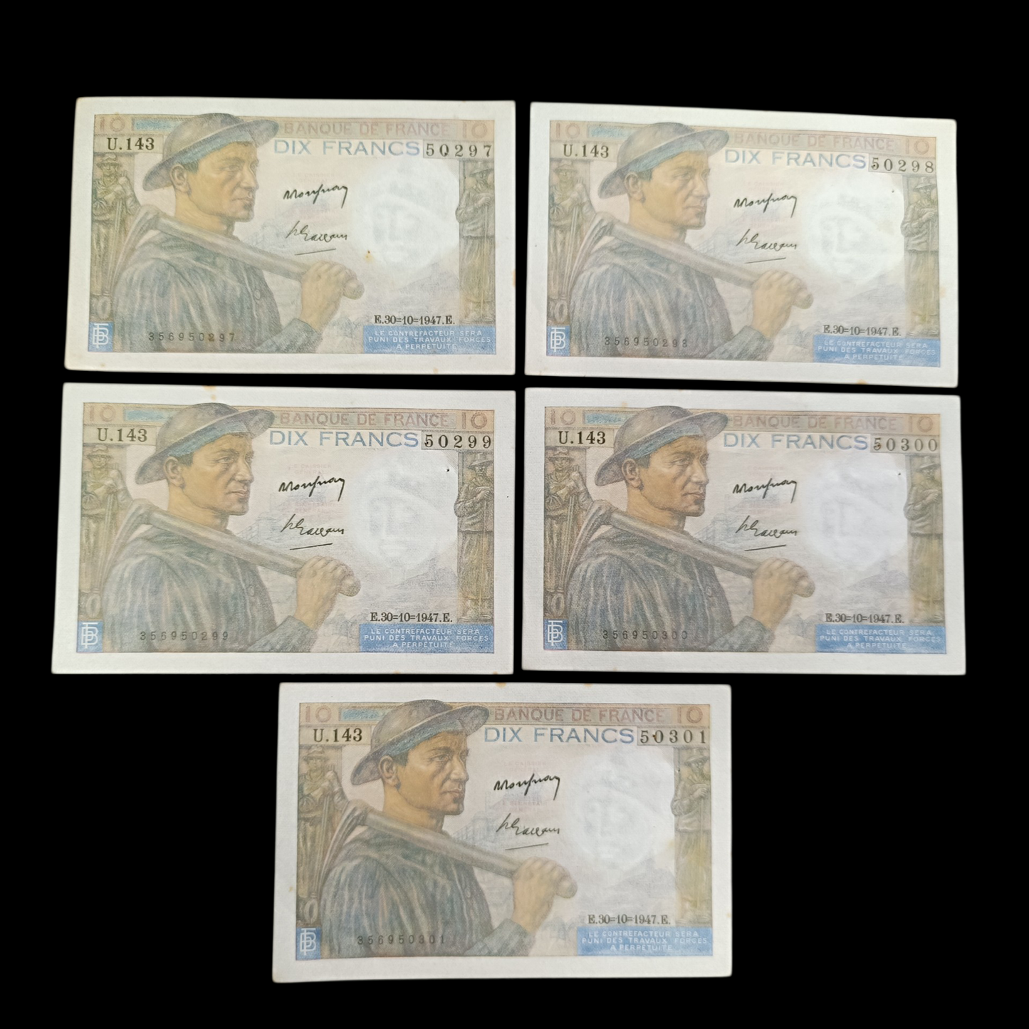 Lot de 5 Billets numéros consécutifs 10 francs Mineur 30-10-1947. État TTB à SUP