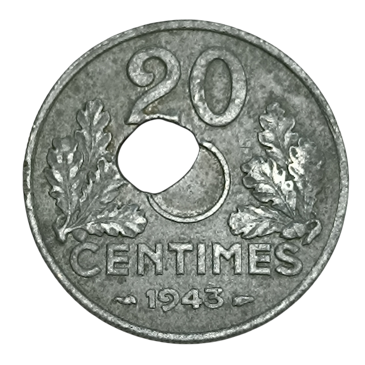 Fauté 20 Centimes TYPE 20 1943 zinc 3.11 gr Trou décentré