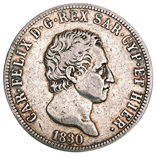 Italie Royaume de Piémont Sardaigne Charles Félix 5 Lire 1830 P Gênes Argent 24.62 gr